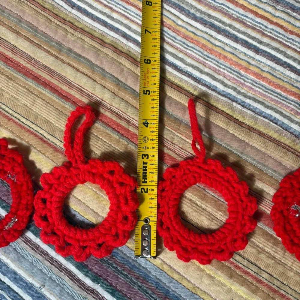 Handmade Crochet Christmas Ornaments Set of 8 Red Wreaths and Glitter Stars